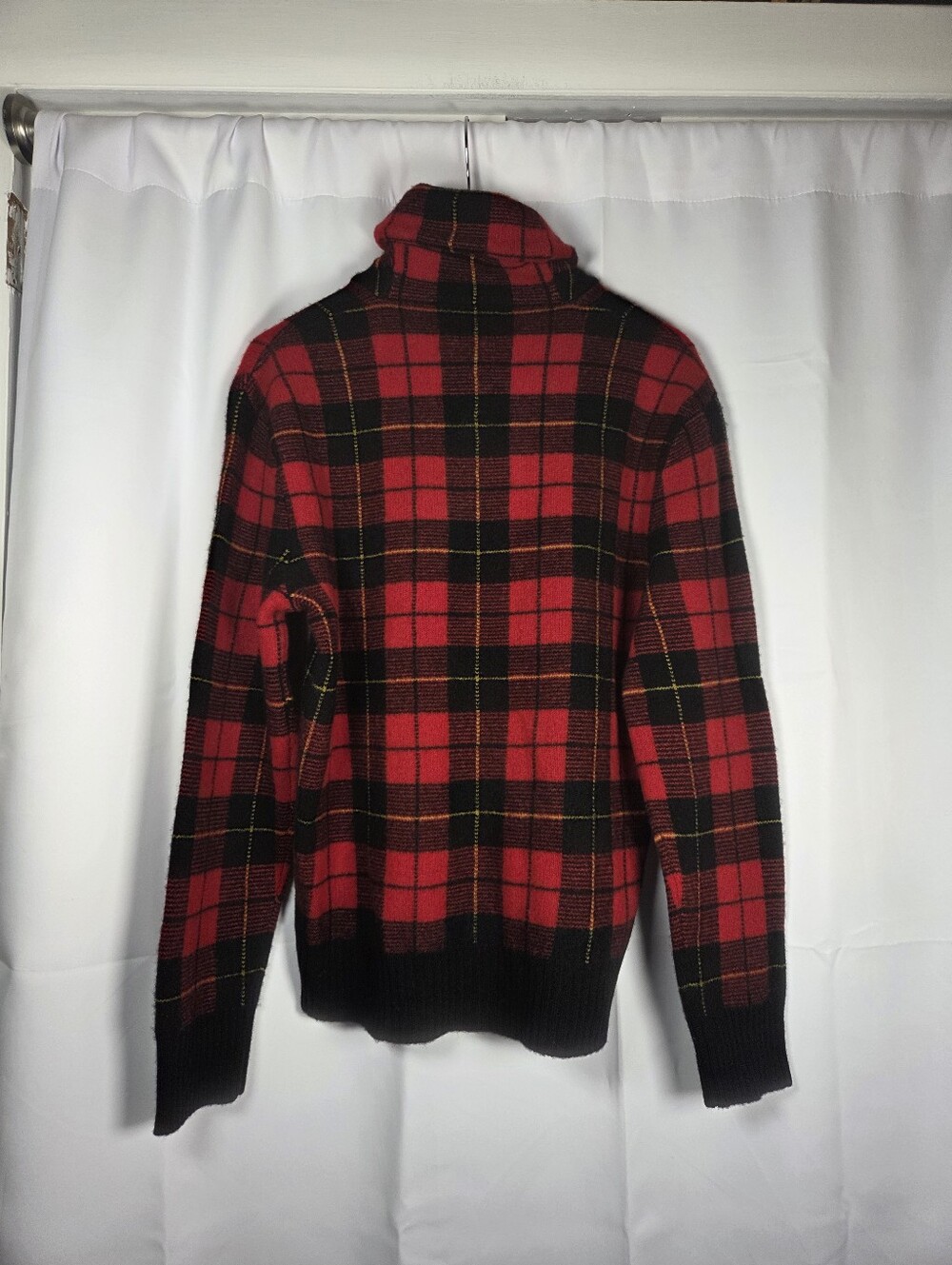 Polo Ralph Lauren Men’s M Red Black Plaid Lambs Wool Shawl Collar Sweater - Picture 3 of 7